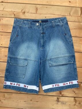 Y2K Marithe Francois Girbaud Mid Blue Denim Cargo Shorts with Branded Hem Tape